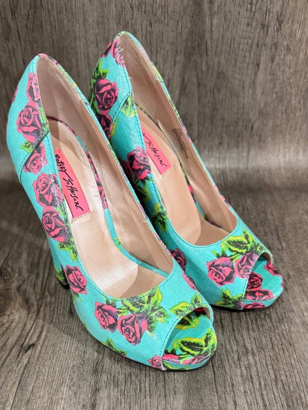 Betsey Johnson teal & roses high chunky 5” heel shoes, very sturdy.